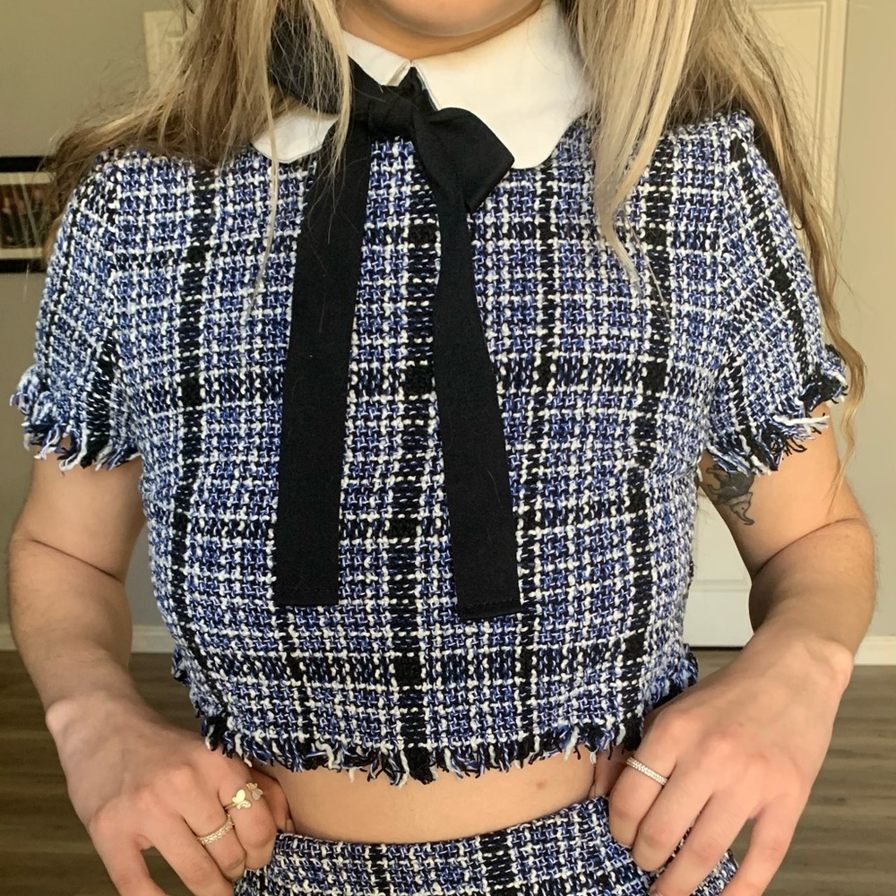 SHEIN Raw Hem Tie Neck Tweed Top and Skirt Set